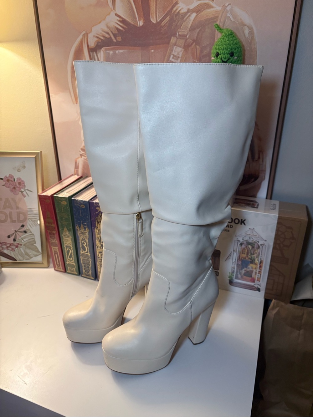 Ivory Platform Knee-High Boots